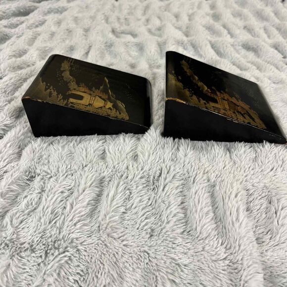 Vintage Bookends Japan Black Lacquer Pagoda Landscape Hand Painted Asian Decor - Picture 4 of 8